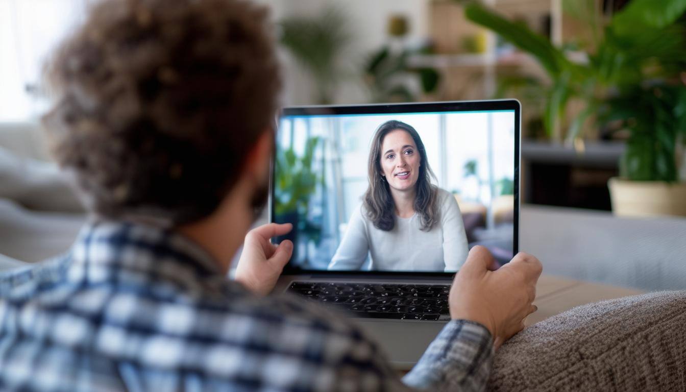 A person watching a conference on a laptop in his living room